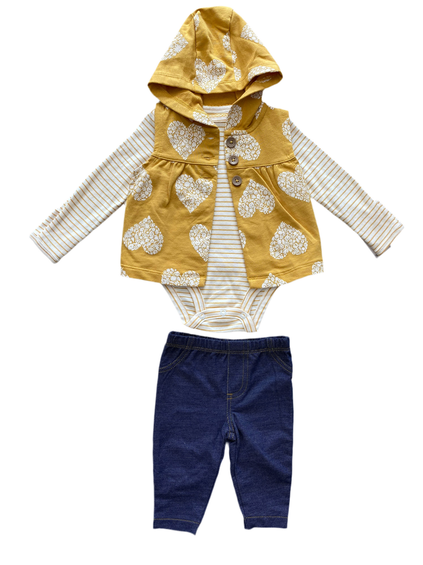CONJUNTO 3 PIEZAS CHALECO/BODY/PANTALÓN ESTAMPADO CORAZONES AMARILLO (3M)