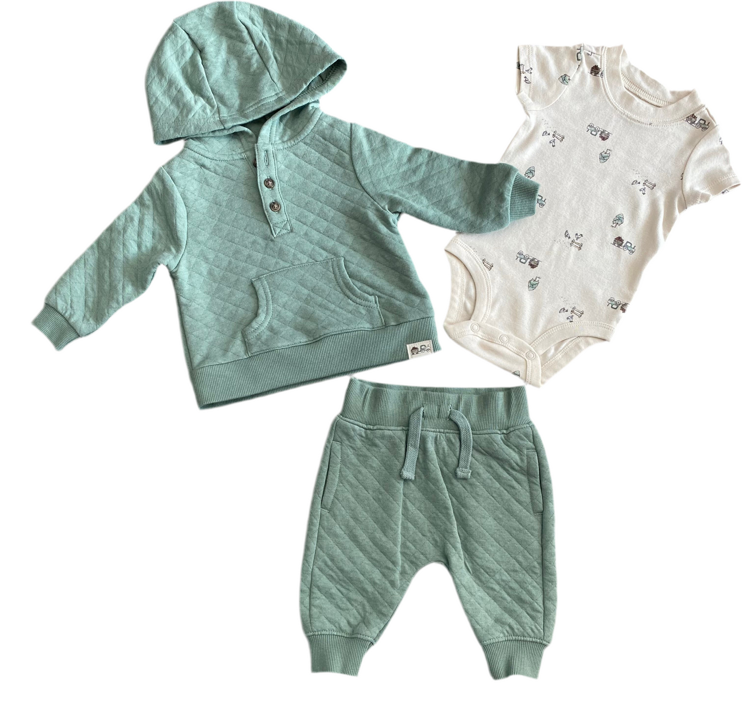 CONJUNTO 3 PIEZAS CHOMPA/BODY/PANTALON VERDE (3M)