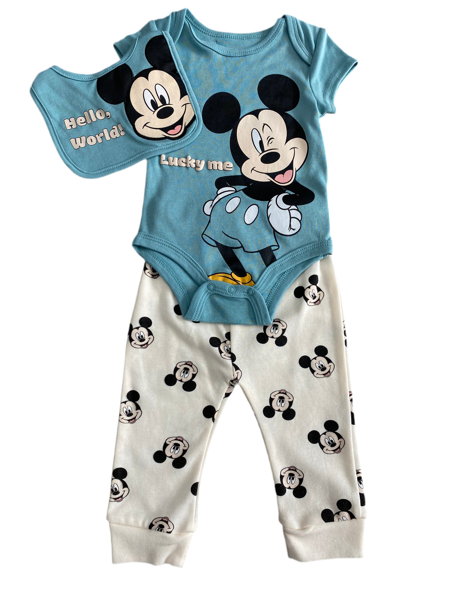 COJUNTO 3 PIEZAS BABERO/BODY/PANTALÓN CELESTE/CREMA (6-9M)