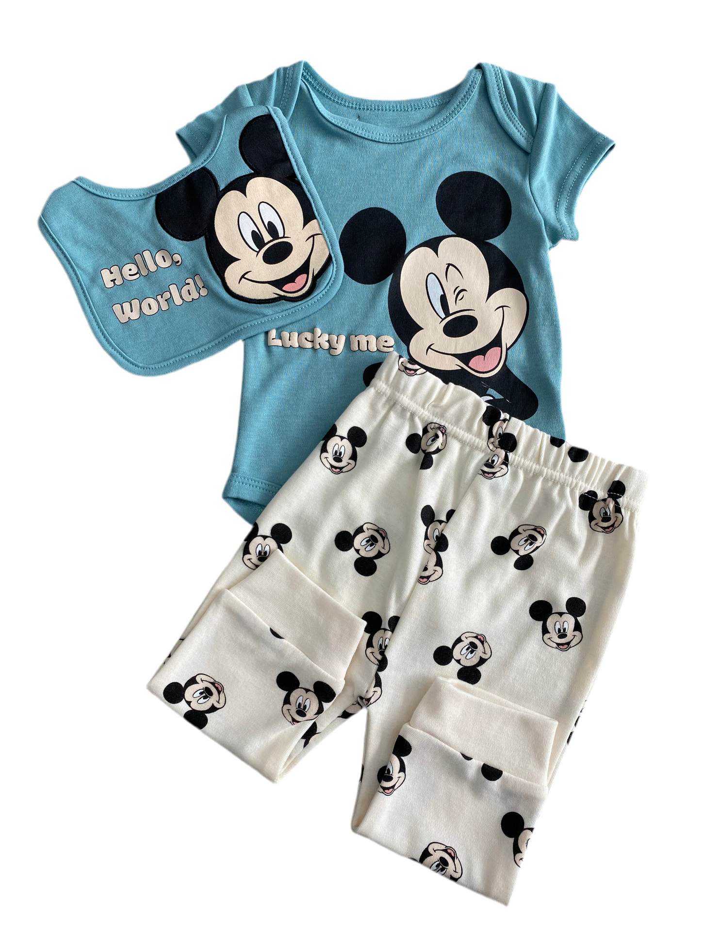 COJUNTO 3 PIEZAS BABERO/BODY/PANTALÓN CELESTE/CREMA (6-9M)