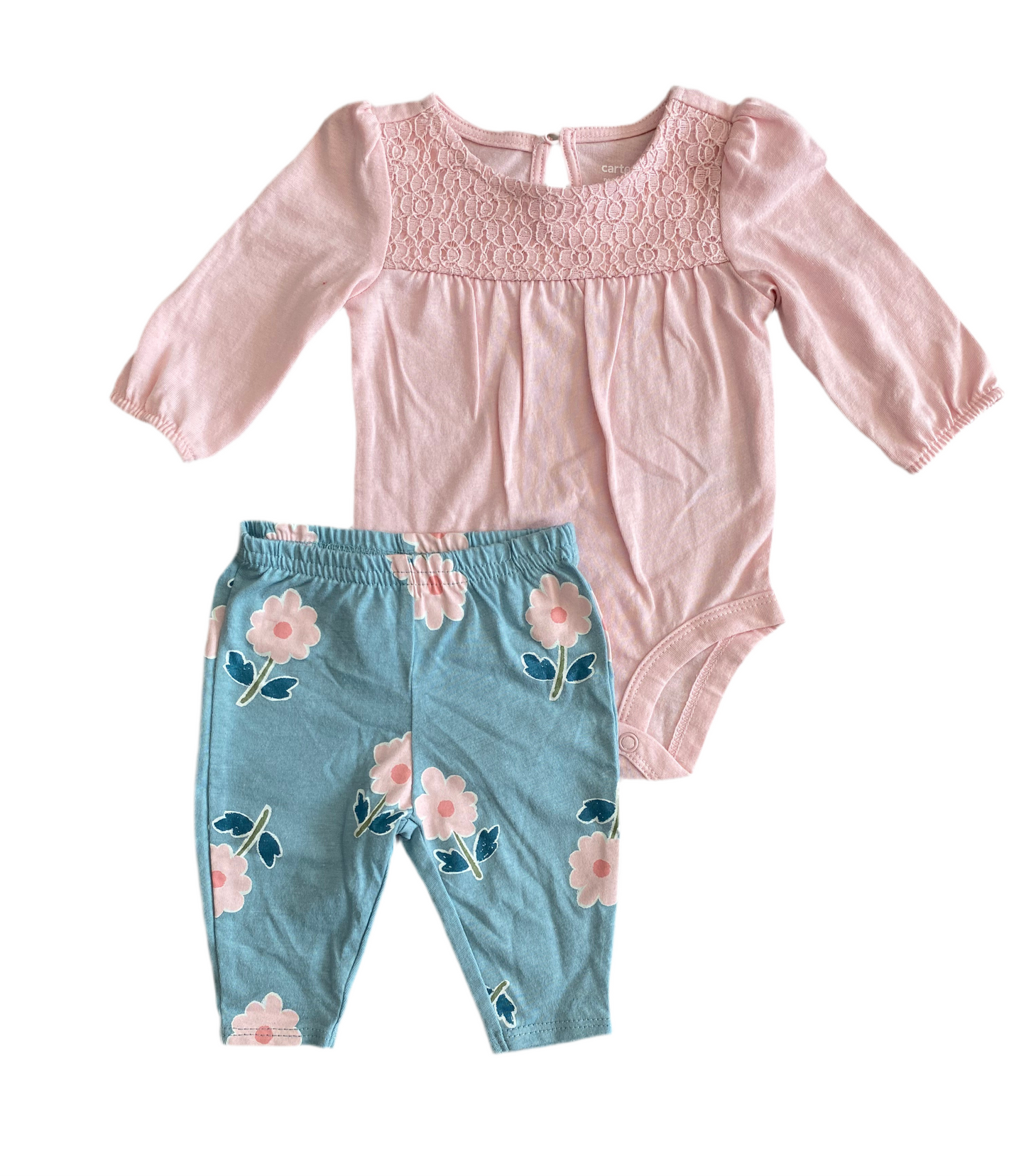 CONJUNTO BODY/PANTALÓN ROSA ESTAMPADO FLORES (NB/0M)