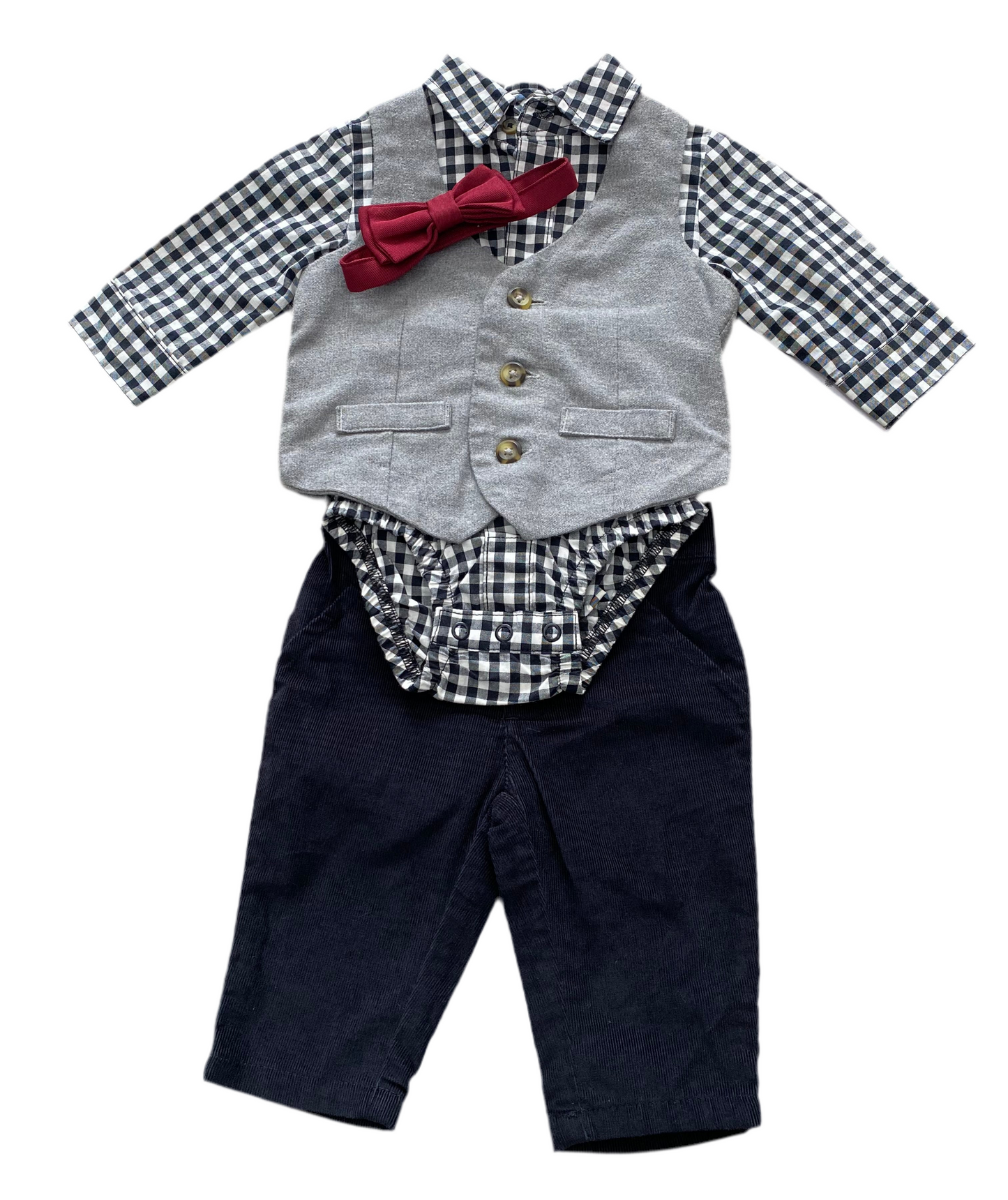 CONJUNTO 4 PIEZAS CHALECO/BODY MANGA LARGA/MOÑO/PANTALÓN (3M)