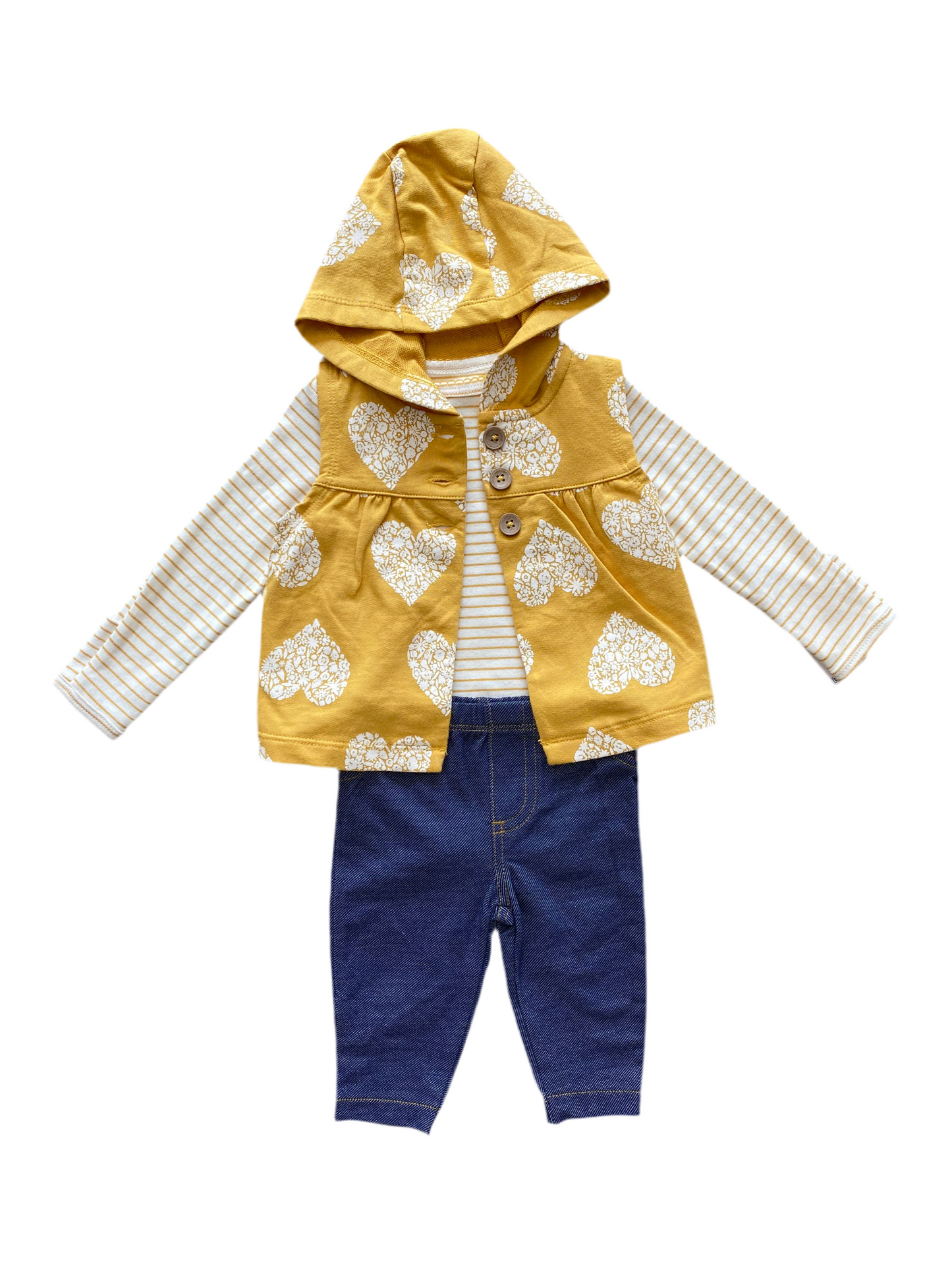 CONJUNTO 3 PIEZAS CHALECO/BODY/PANTALÓN ESTAMPADO CORAZONES AMARILLO (3M)