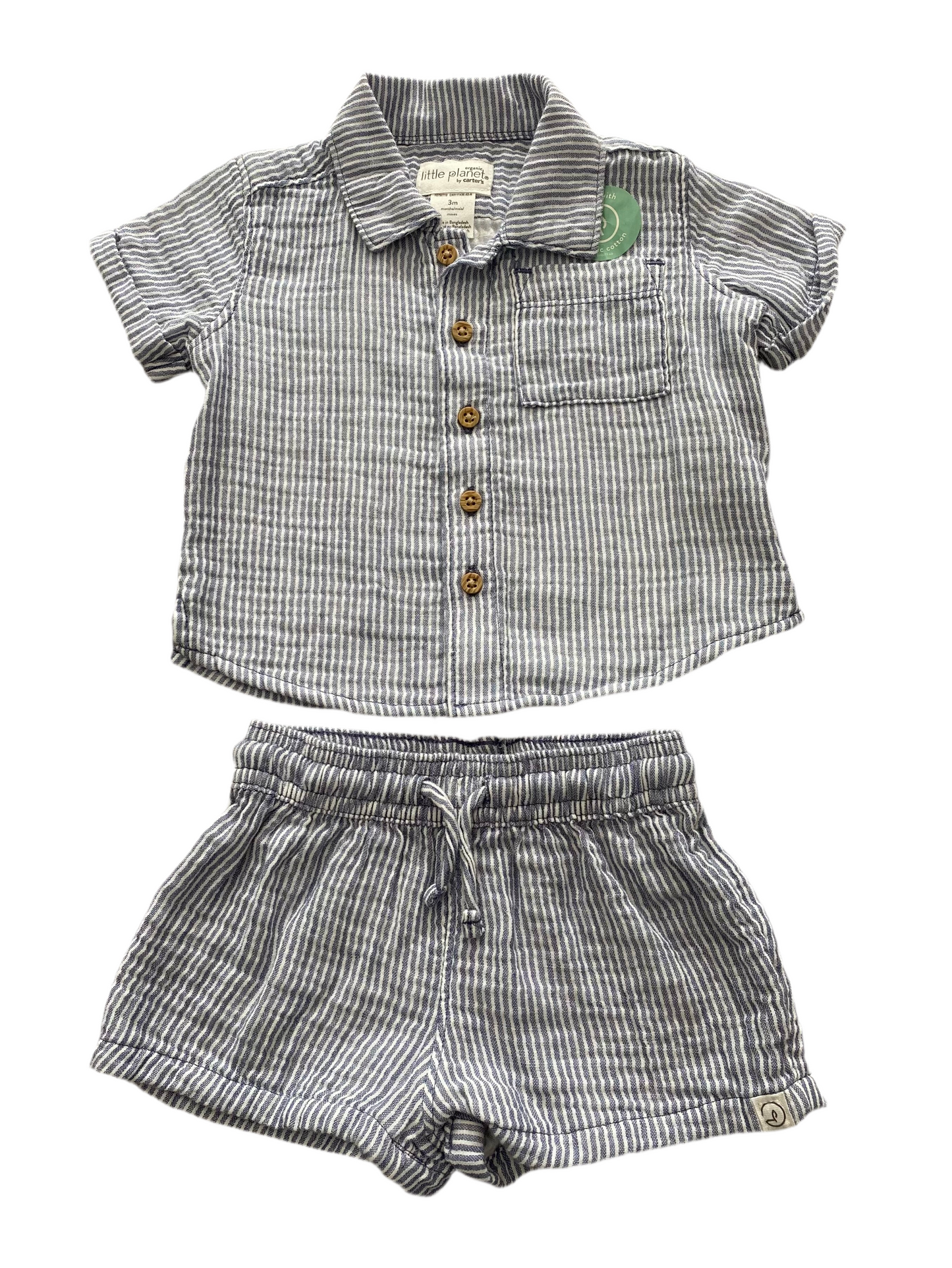 CONJUNTO 2 PIEZAS CAMISA MANGA CORTA/SHORT RAYAS AZULES/BLANCAS (3M)
