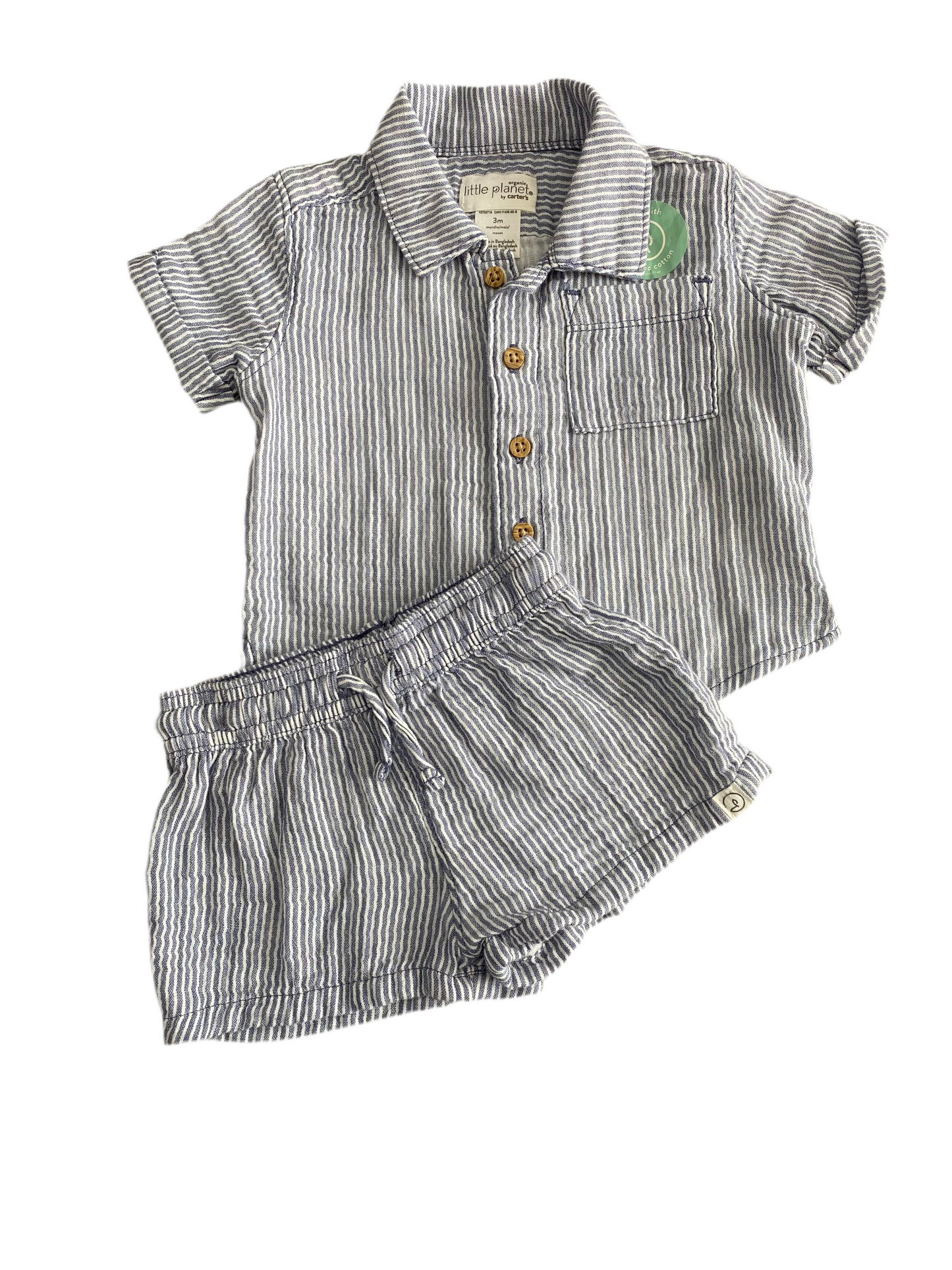 CONJUNTO 2 PIEZAS CAMISA MANGA CORTA/SHORT RAYAS AZULES/BLANCAS (3M)