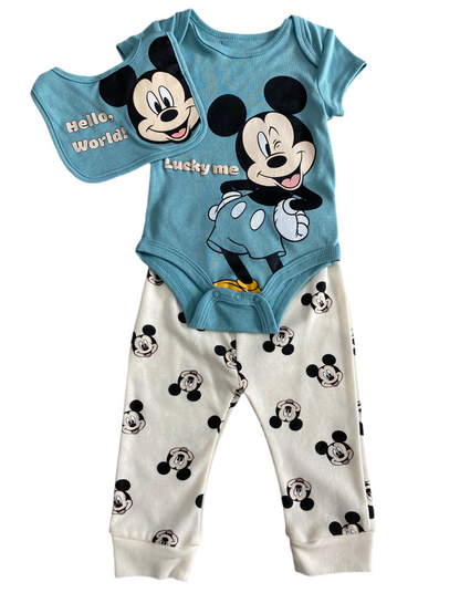 COJUNTO 3 PIEZAS BABERO/BODY/PANTALÓN CELESTE/CREMA (6-9M)