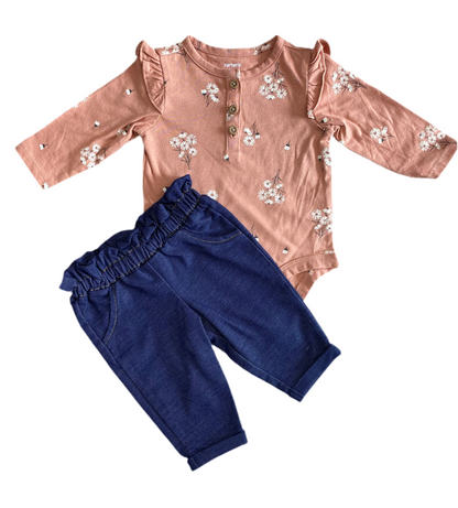 CONJUNTO 2 PIEZAS BODY MANGA LARGA/PANTALÓN ESTAMPADO FLORES (24M/2T)