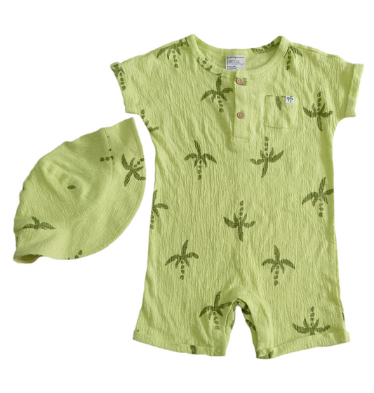 CONJUNTO 2 PIEZAS MONO/GORRO ESTAMPADO PALMERAS VERDE (18M)
