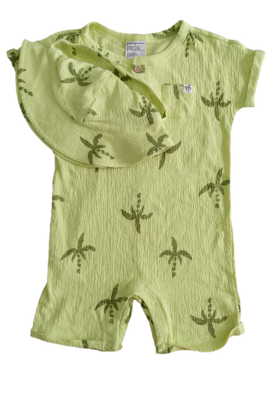 CONJUNTO 2 PIEZAS MONO/GORRO ESTAMPADO PALMERAS VERDE (18M)